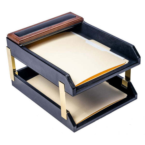 Dacasso Walnut & Leather Double Letter Trays AG-8420